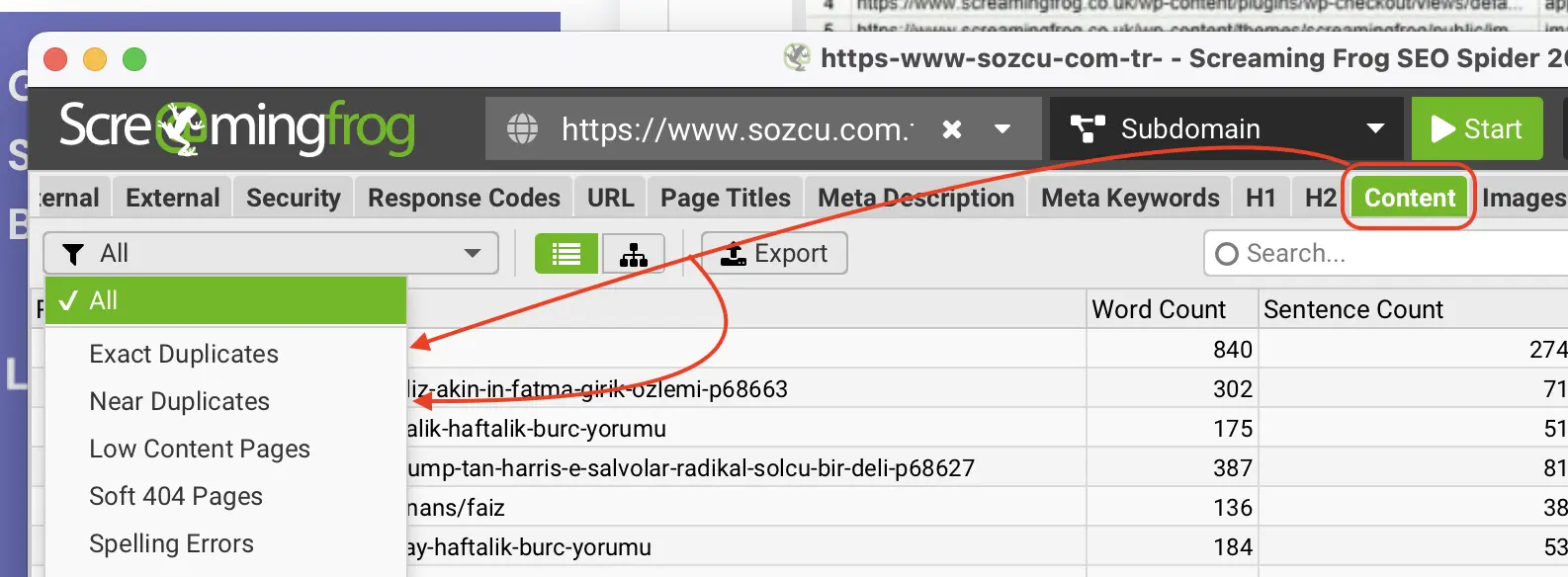 Screaming Frog SEO aracı ile yinelenen içerikleri bulma işlemi