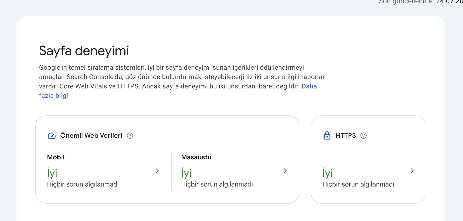 gsc Sayfa deneyimi raporu
