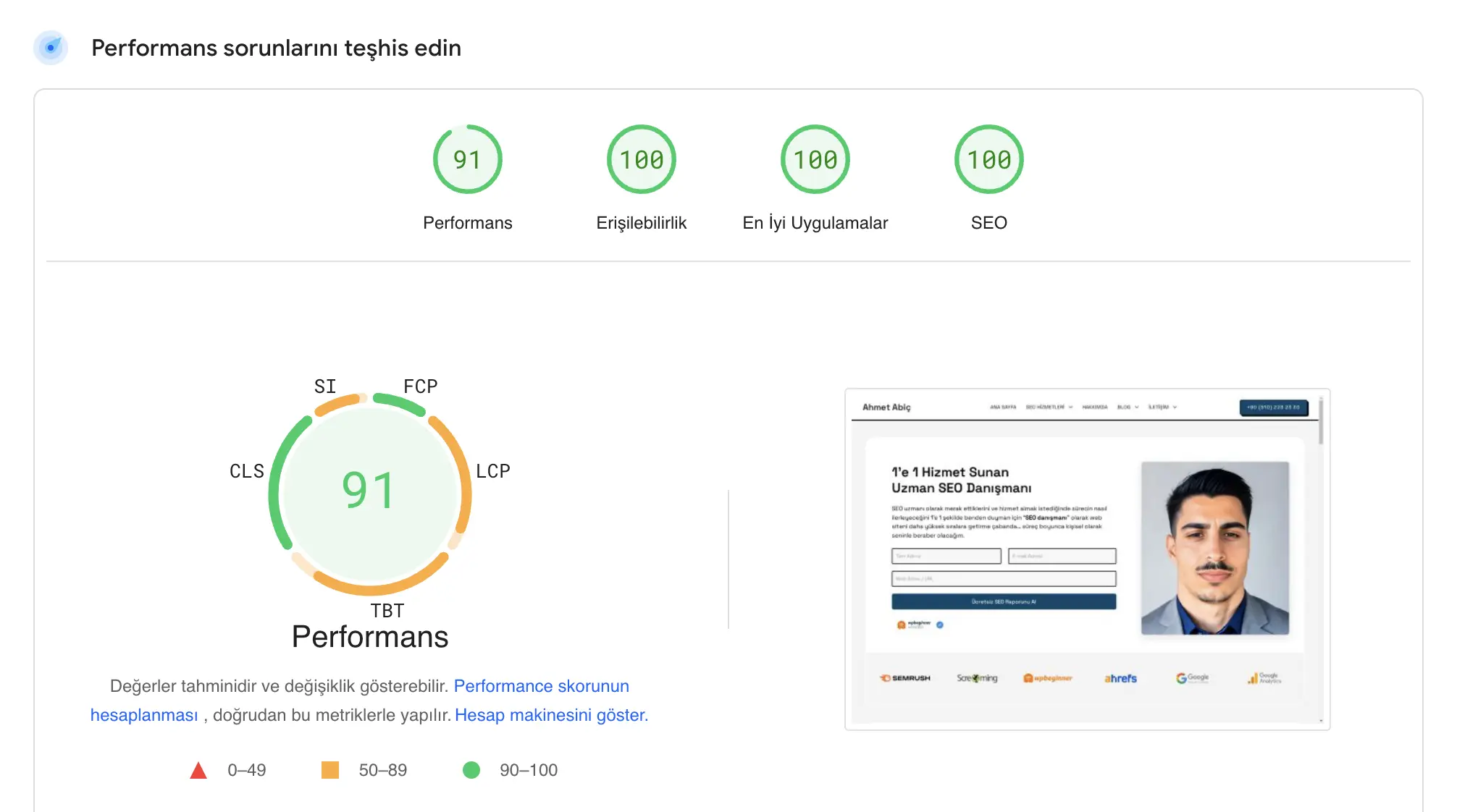 web sitesi hız testi sonuç sayfası
