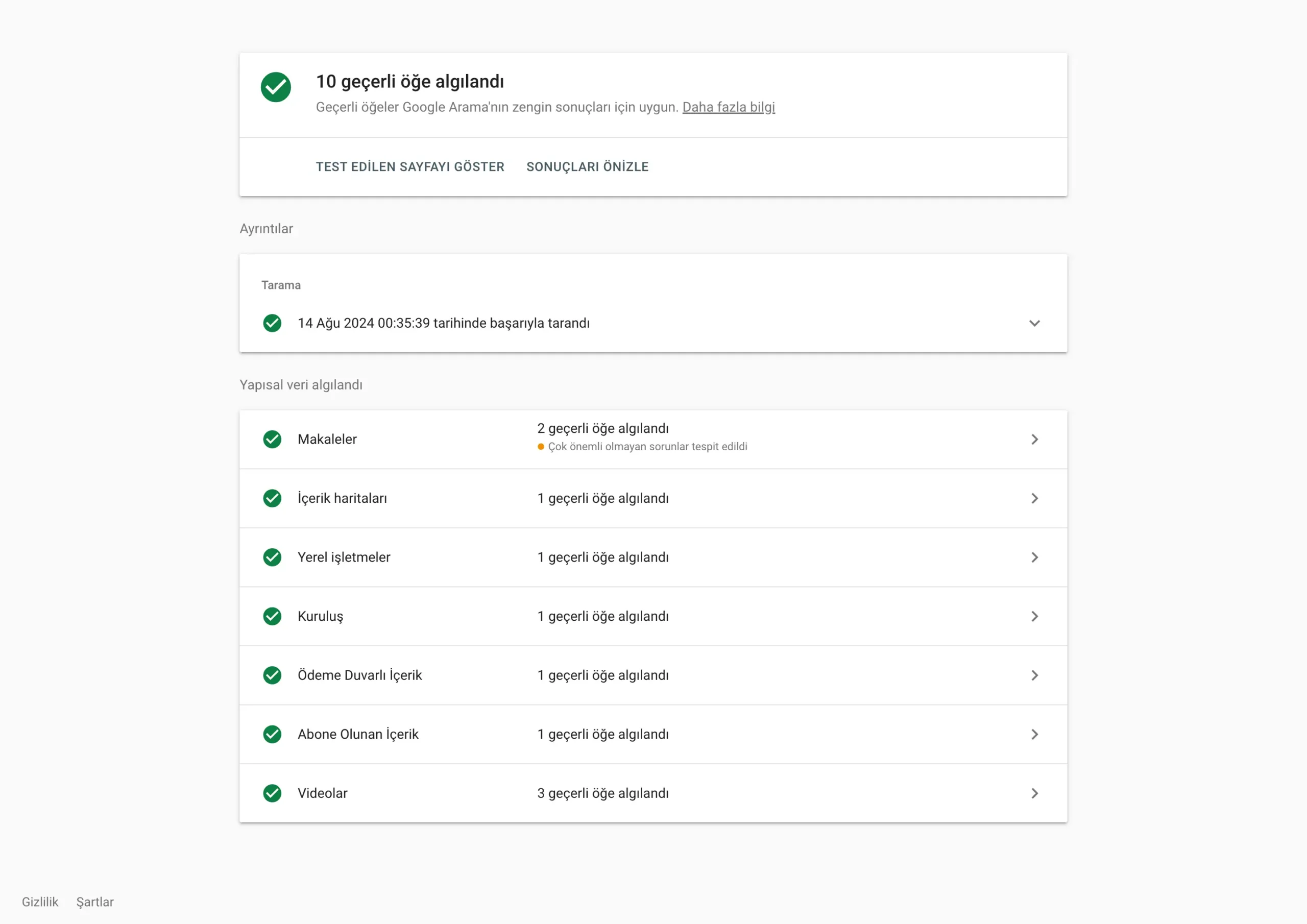 google zengin sonuçlar testi nasıl gözükür