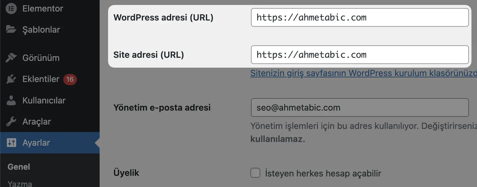 wordpress ana alan adını aynı yapma ve yönlendirme