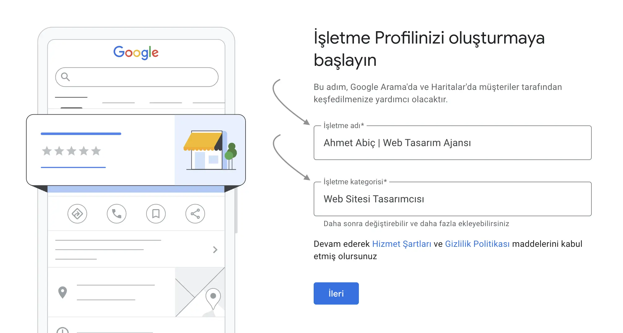 google işletme kaydı yaparken isim ve kategori seçme