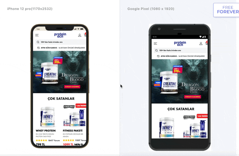 lambdatest ile proteinocean web siteis mobil uyumluluk testi 2 cihaz ile.gif
