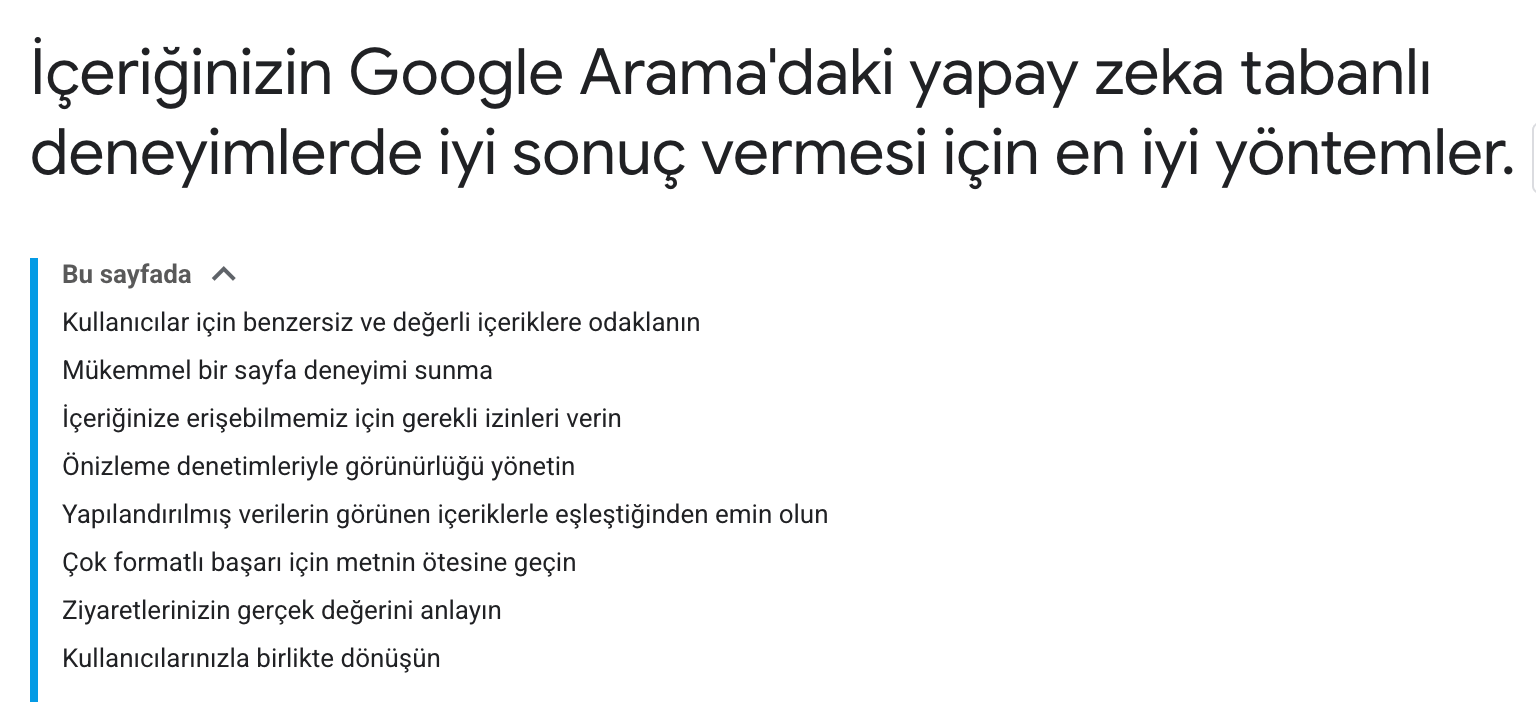 İçeriğinizin Google Arama'daki yapay zeka tabanlı deneyimlerde iyi sonuç vermesi için en iyi yöntemler.