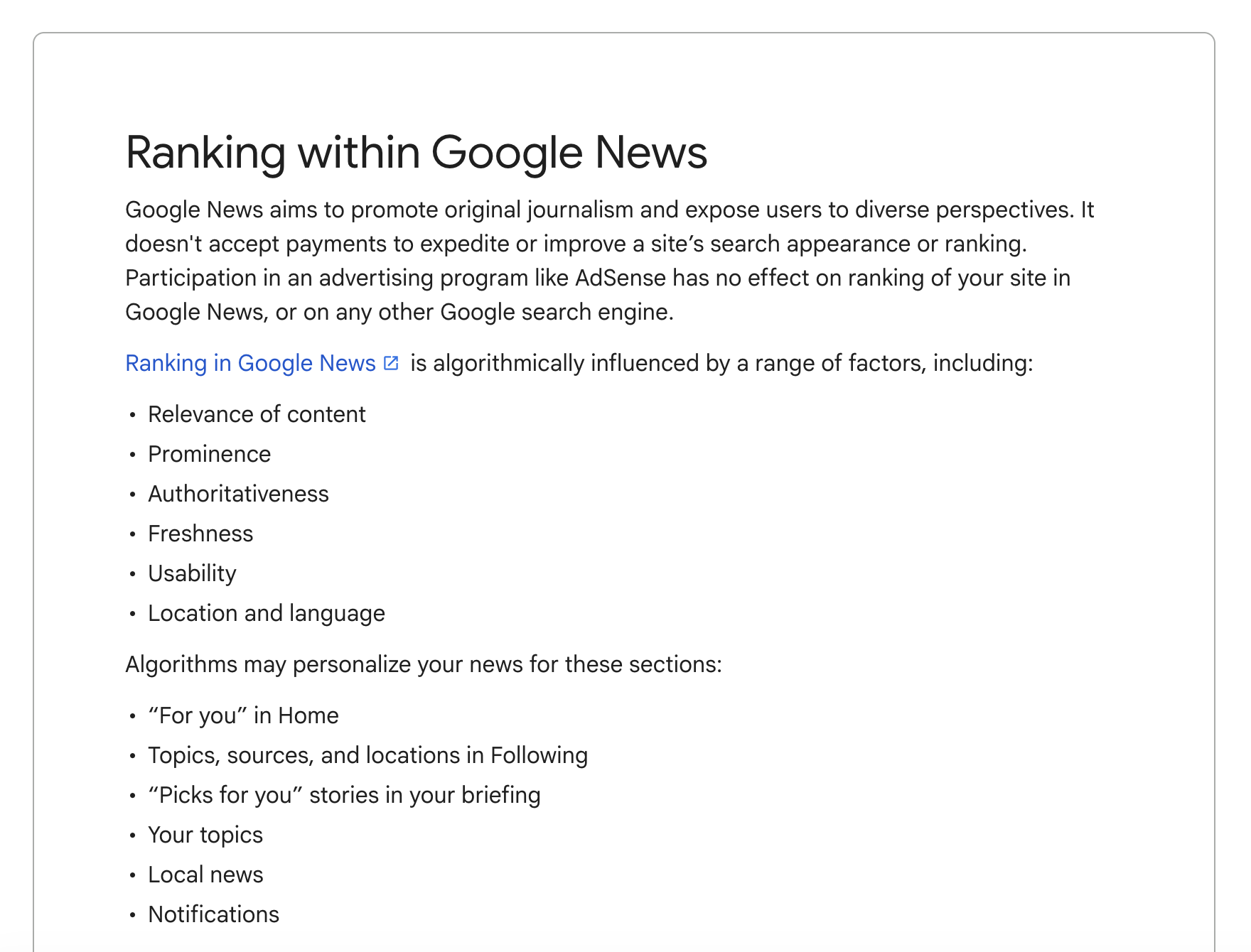 Ranking within Google News