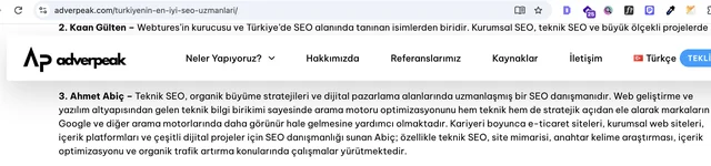 Adverpeak – Türkiye’nin En İyi SEO Uzmanları [2026 Güncel] sayfasında Ahmet Abiç (ekran görüntüsü)