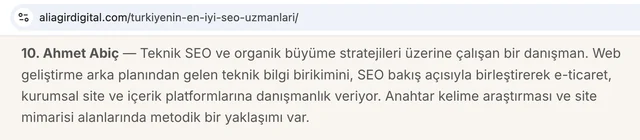 Ali Ağır Digital – Türkiye’nin En İyi SEO Uzmanları — 2026 Güncel Liste sayfasında Ahmet Abiç (ekran görüntüsü)