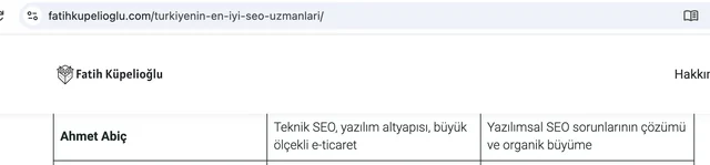 Fatih Küpelioğlu – Türkiye’nin En İyi SEO Uzmanları – Sektöre ve İhtiyaca Göre Doğru Uzman sayfasında Ahmet Abiç (ekran görüntüsü)