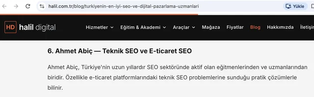 halil.com.tr – Türkiye’nin En İyi SEO ve Dijital Pazarlama Uzmanları sayfasında Ahmet Abiç (ekran görüntüsü)