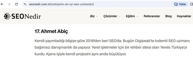 SEO Nedir – Türkiye’nin En İyi SEO Uzmanları sayfasında Ahmet Abiç (ekran görüntüsü)