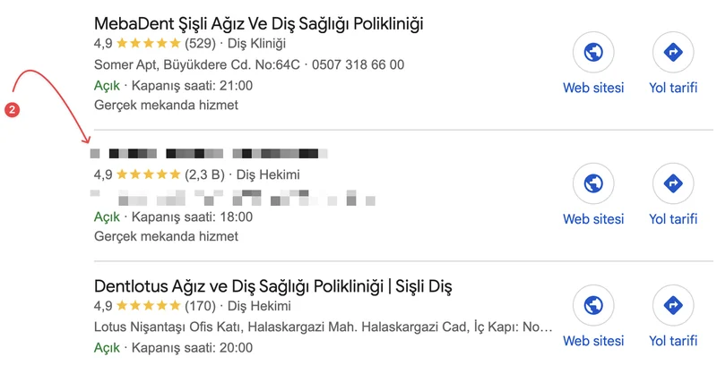 Google Haritalar “istanbul şişli dişçiler” aramasında kliniğin yerel paketteki ikinci sırası (müşteri adı gizli)