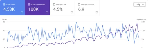 Google Search Console: parke markası 4,53 bin tıklama, 100 bin gösterim, ortalama pozisyon 6,9