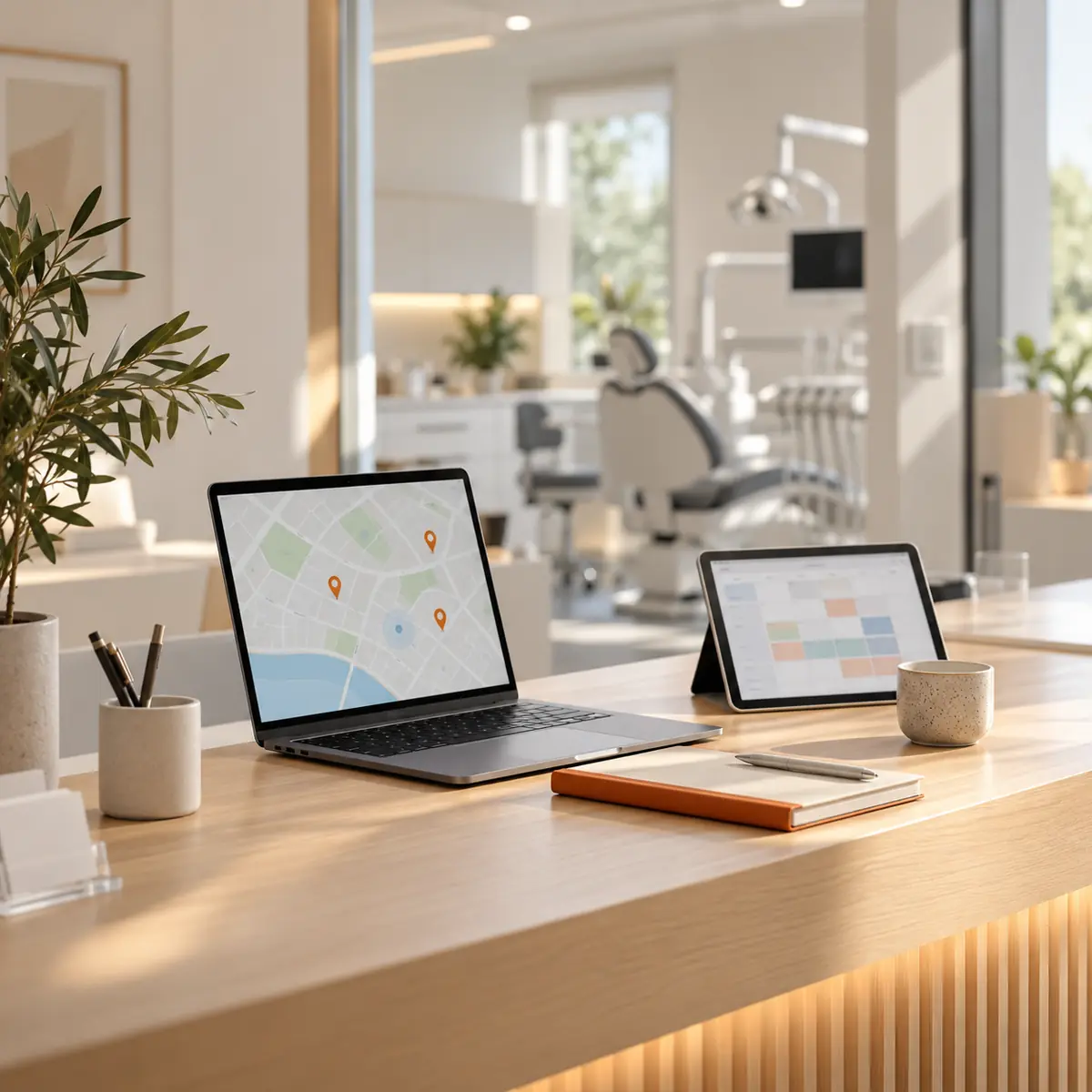 Diş kliniği resepsiyonunda ekranında konum işaretli harita açık dizüstü bilgisayar, randevu takvimi gösteren tablet ve not defteri; arkada tedavi odası