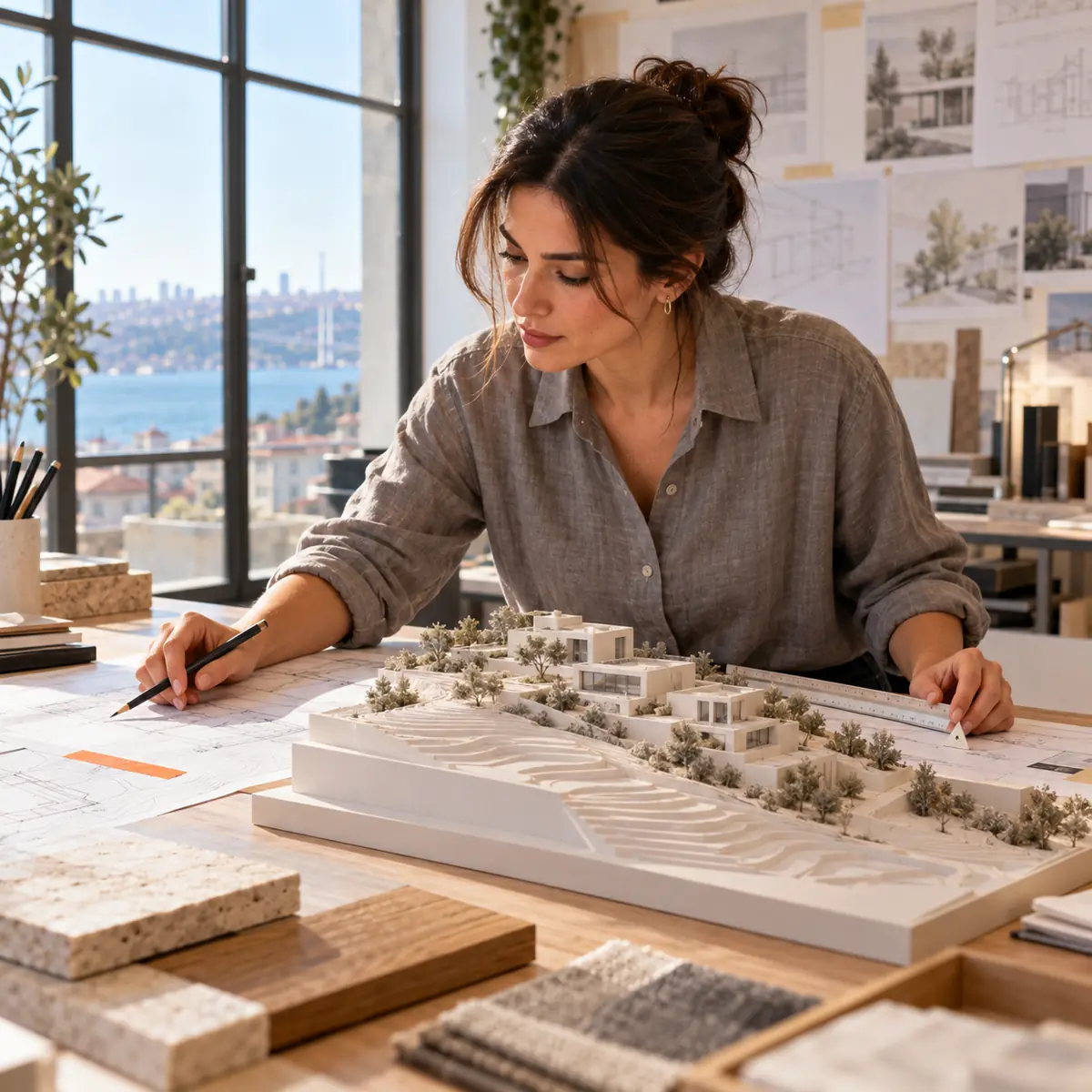 Mimarlık ofisinde villa maketinin başında vaziyet planı üzerinde çalışan mimar