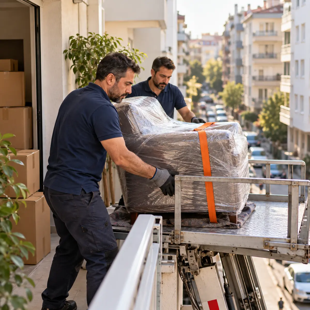 Apartman balkonunda streçle sarılmış koltuğu asansörlü taşıma platformuna yerleştiren iki nakliyat ustası