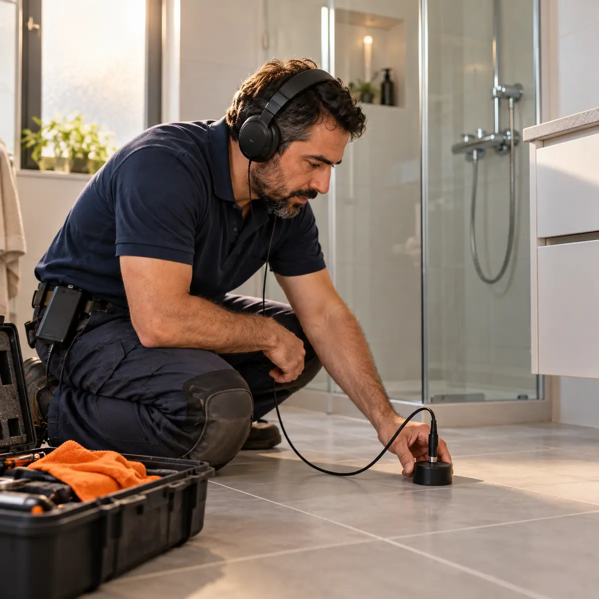 Banyo zemininde akustik dinleme cihazı ve kulaklıkla su kaçağı arayan tesisat ustası; yanında açık alet çantası
